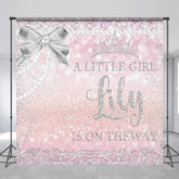 Lofaris A Little Girl Is On The Way Custom Backdrop Pink and Silver Glitter Baby Shower Princess Crown Pearls Banner